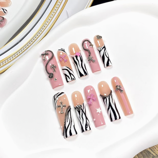 Press on Nails Medium Fake Nails Pink Glossy Glue on Nails Glitter Acrylic Nails Oval Stick on Nails for Women and Girls